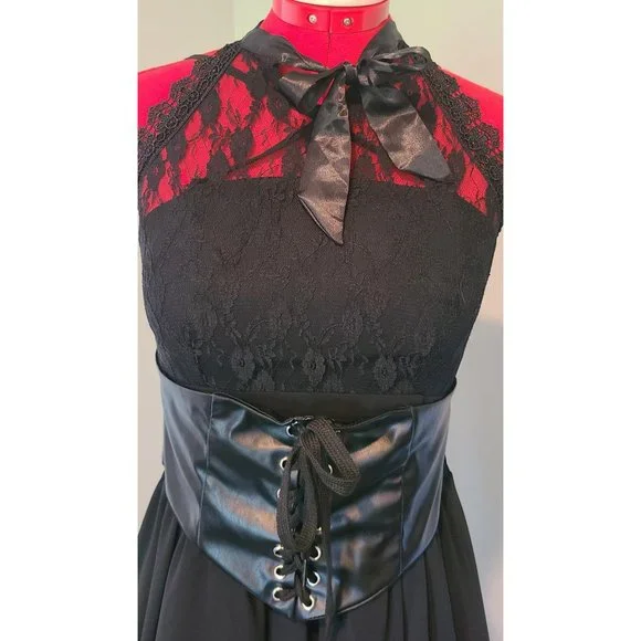CharMma Women's Gothic Bow Neck Cross Back Sleeveless Floral Lace Corset Dress - Picture 2 of 4